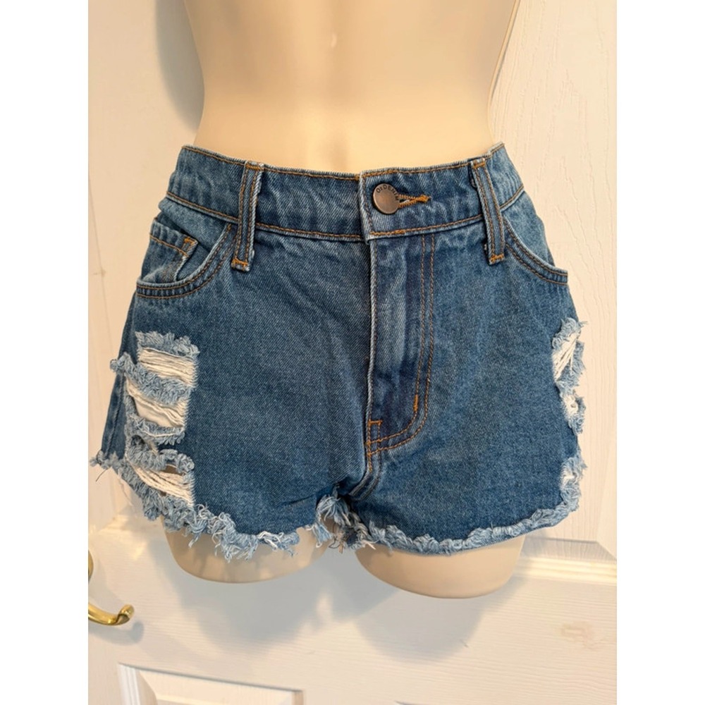 O2 Denim Distressed Jean Shorts Large Blue Y2K Festival Cutoffs USA Cotton